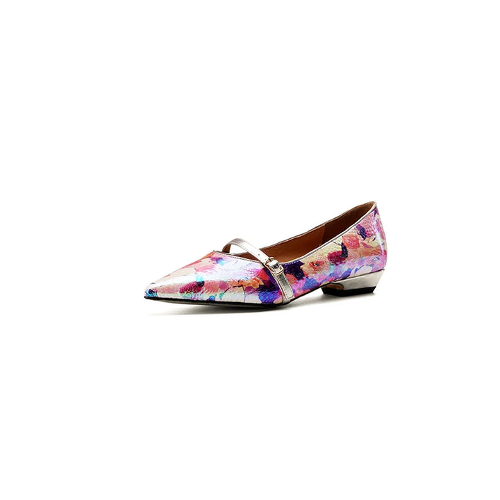 Peritoneal printed  sheepskin Handmade Colorful Floral heels sandals,Pointed Toe High Heel Low Block Women's Pumps - ZEYTONCART