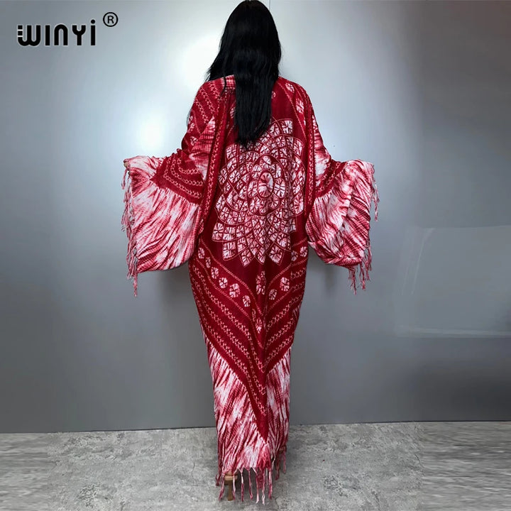 WINYI summer Fringed tie-dye printed Women Cardigan Long Dress elegant Boho loose beach Cover Up Kimonos abaya dubai luxury - ZEYTONCART