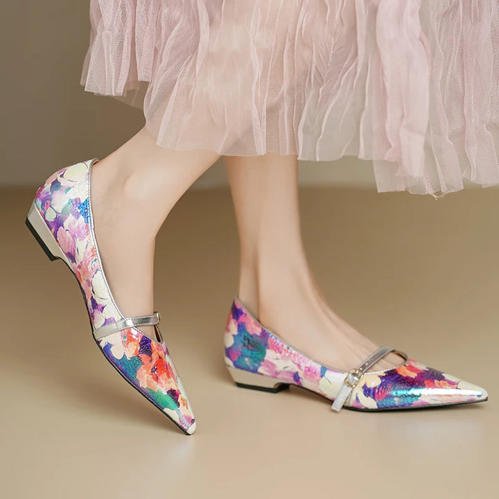 Peritoneal printed  sheepskin Handmade Colorful Floral heels sandals,Pointed Toe High Heel Low Block Women's Pumps - ZEYTONCART