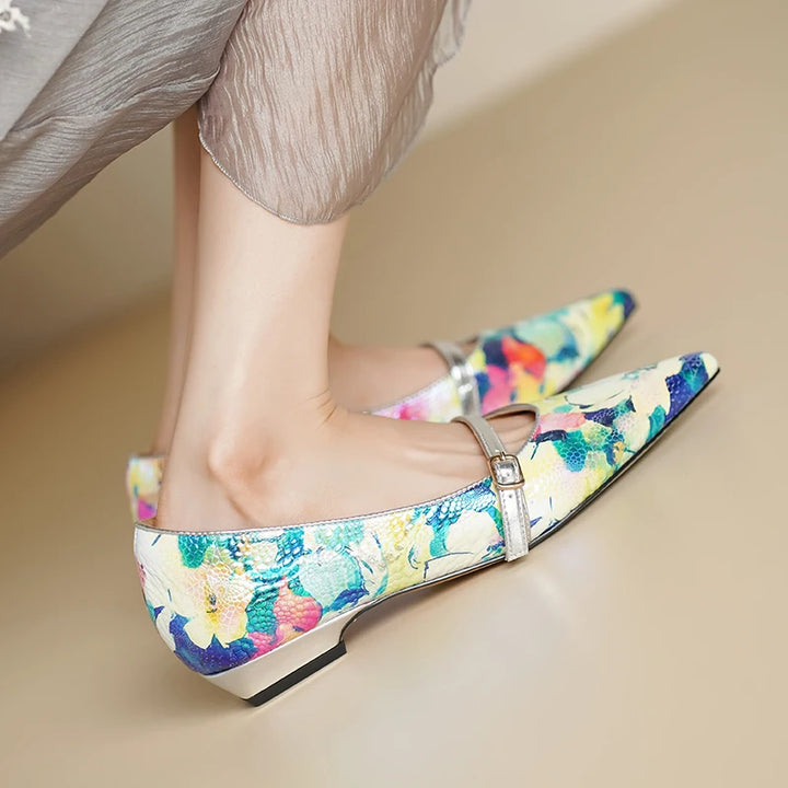 Peritoneal printed  sheepskin Handmade Colorful Floral heels sandals,Pointed Toe High Heel Low Block Women's Pumps - ZEYTONCART
