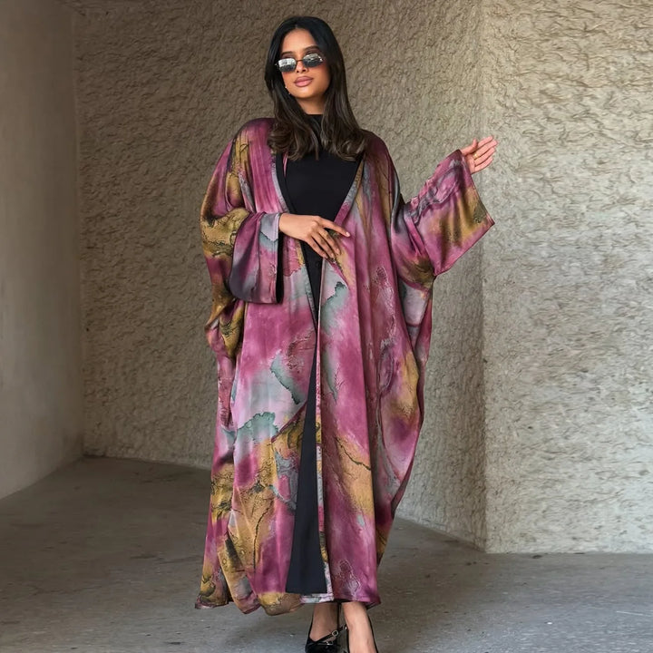 Mq204 Modest Summer Fashion Satin Print with Headscarf Women's Abaya Cardigan Jacket Outerwear Big Robe Islam Elegant - ZEYTONCART