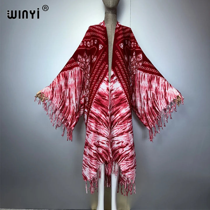 WINYI summer Fringed tie-dye printed Women Cardigan Long Dress elegant Boho loose beach Cover Up Kimonos abaya dubai luxury - ZEYTONCART