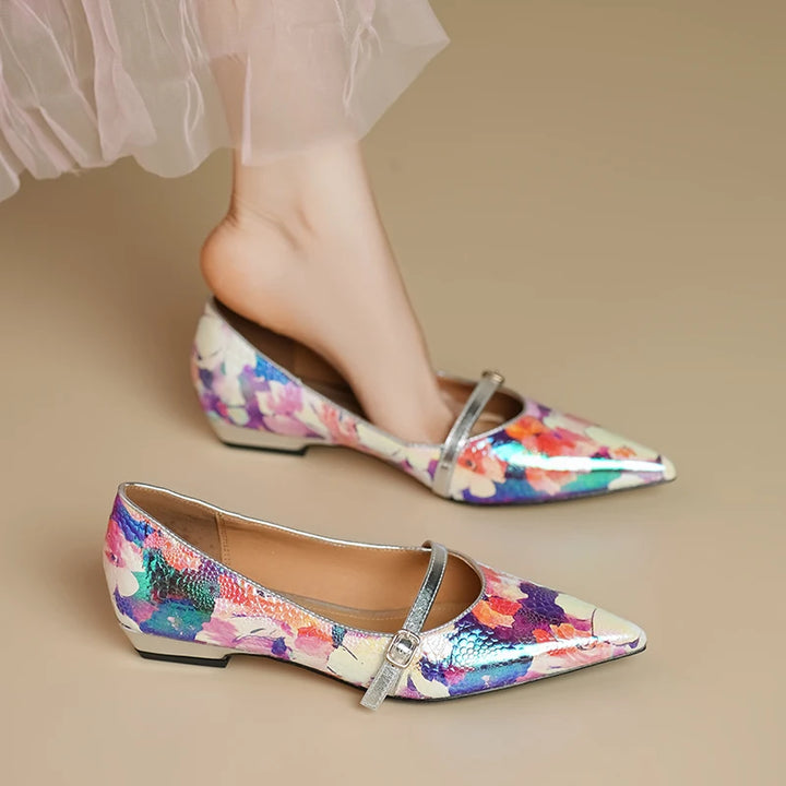Peritoneal printed  sheepskin Handmade Colorful Floral heels sandals,Pointed Toe High Heel Low Block Women's Pumps - ZEYTONCART