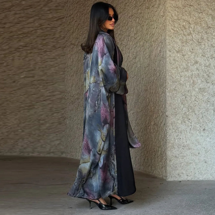 Mq204 Modest Summer Fashion Satin Print with Headscarf Women's Abaya Cardigan Jacket Outerwear Big Robe Islam Elegant - ZEYTONCART