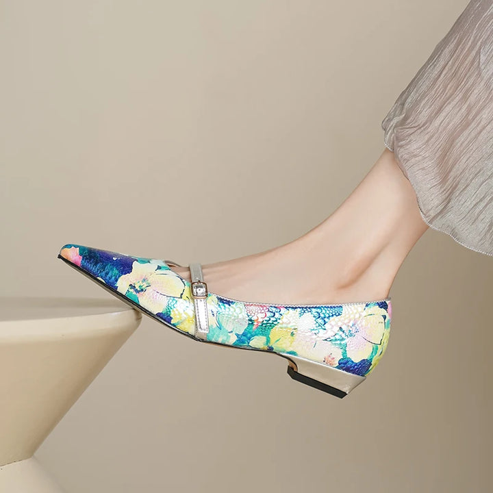 Peritoneal printed  sheepskin Handmade Colorful Floral heels sandals,Pointed Toe High Heel Low Block Women's Pumps - ZEYTONCART