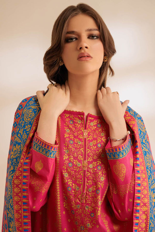 Stitched 3-Piece Metallic Lawn Suit – Printed Shirt & Dupatta with Dyed Cambric Trouser (SS2243P27) B-21 - ZEYTONCART