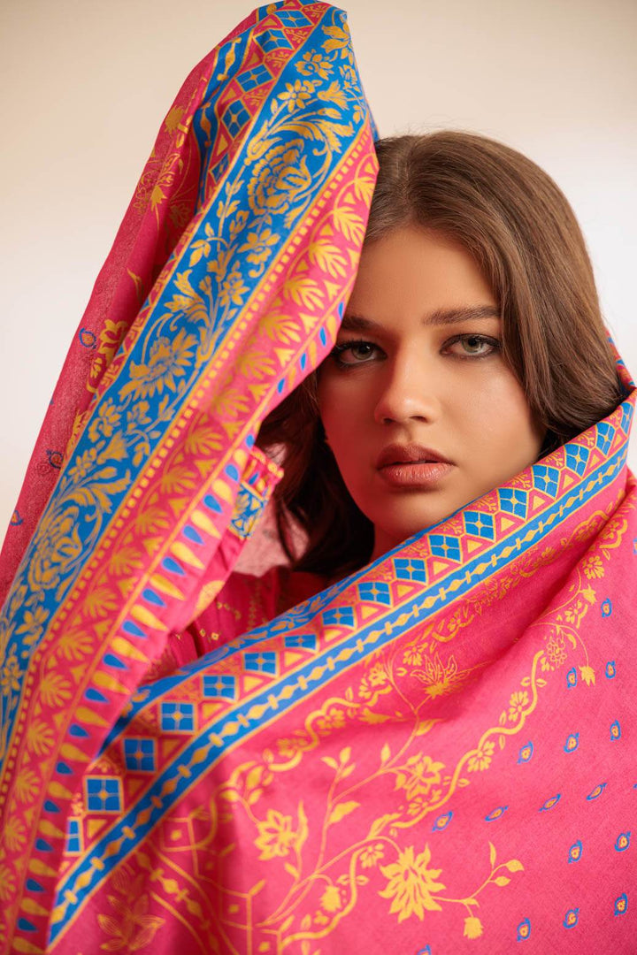 Stitched 3-Piece Metallic Lawn Suit – Printed Shirt & Dupatta with Dyed Cambric Trouser (SS2243P27) B-21 - ZEYTONCART