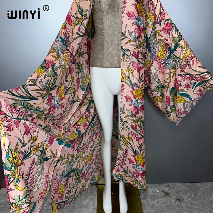 WINYI  bohemian kimono cardigan beachwear print dress abaya dubai luxury cover-ups beach outfits women maxi coat muslim kaftan - ZEYTONCART