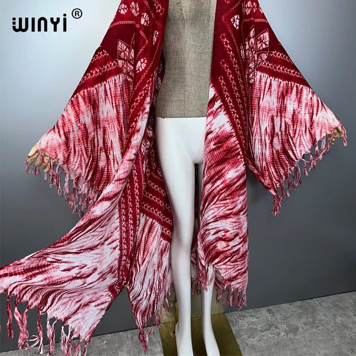 WINYI summer Fringed tie-dye printed Women Cardigan Long Dress elegant Boho loose beach Cover Up Kimonos abaya dubai luxury - ZEYTONCART