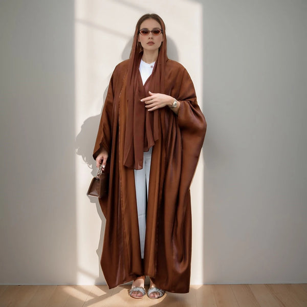 Hot sale Summer Women Islamic Clothing Shinny Polyester Thin Fabric Puff Sleeves Dubai Open Abaya for Muslim Women - ZEYTONCART