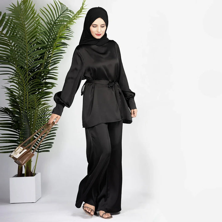 2 Piece Set Abayas Women Plain Satin Islamic Clothing Belted Tops+Long Pants Sets Ramadan Eid Muslim Dress Dubai Turkish Outfits - ZEYTONCART