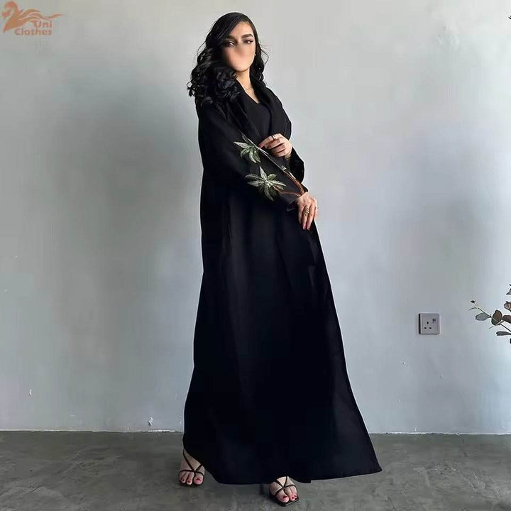 Black Casual Open Kimono Abaya For Muslim Women Ramadan Eid Jalabiya Embroidery Long Sleeve African Moroccan Robe - ZEYTONCART