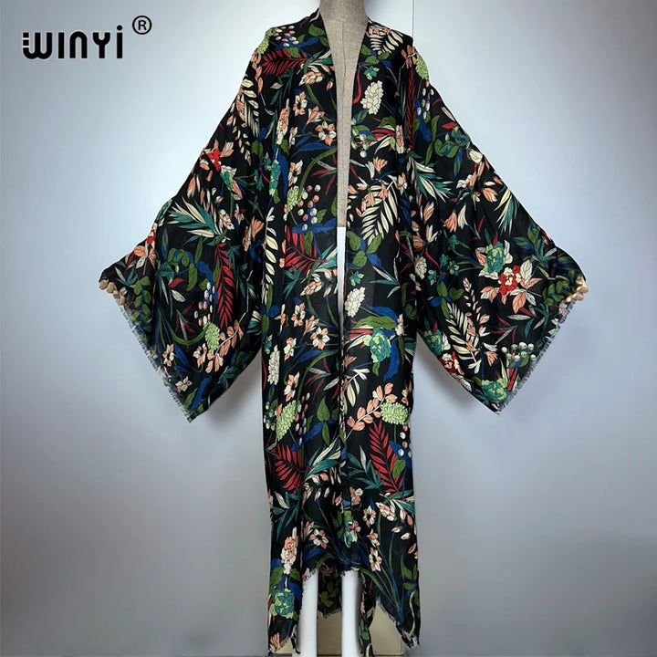 WINYI  bohemian kimono cardigan beachwear print dress abaya dubai luxury cover-ups beach outfits women maxi coat muslim kaftan - ZEYTONCART