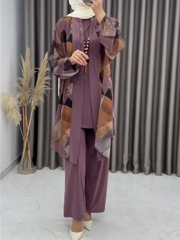 Eid Women Abaya 3 Piece Set with Pant Party Muslim Sets Caftan Robe Jalabiya Ramadan Morocco Dubai 2025 Musulman Ensembles - ZEYTONCART