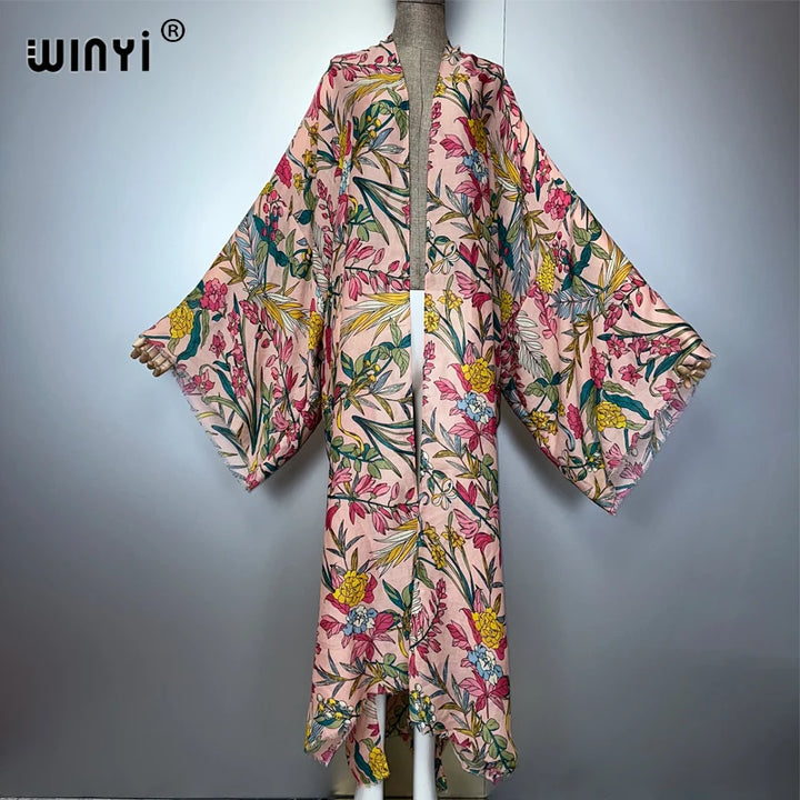 WINYI  bohemian kimono cardigan beachwear print dress abaya dubai luxury cover-ups beach outfits women maxi coat muslim kaftan - ZEYTONCART