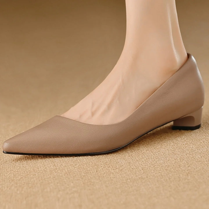 Women's cow leather pointed toe kitten heel slip-on pumps elegant ladies low heel high quality soft comfortable dress heels shoe - ZEYTONCART