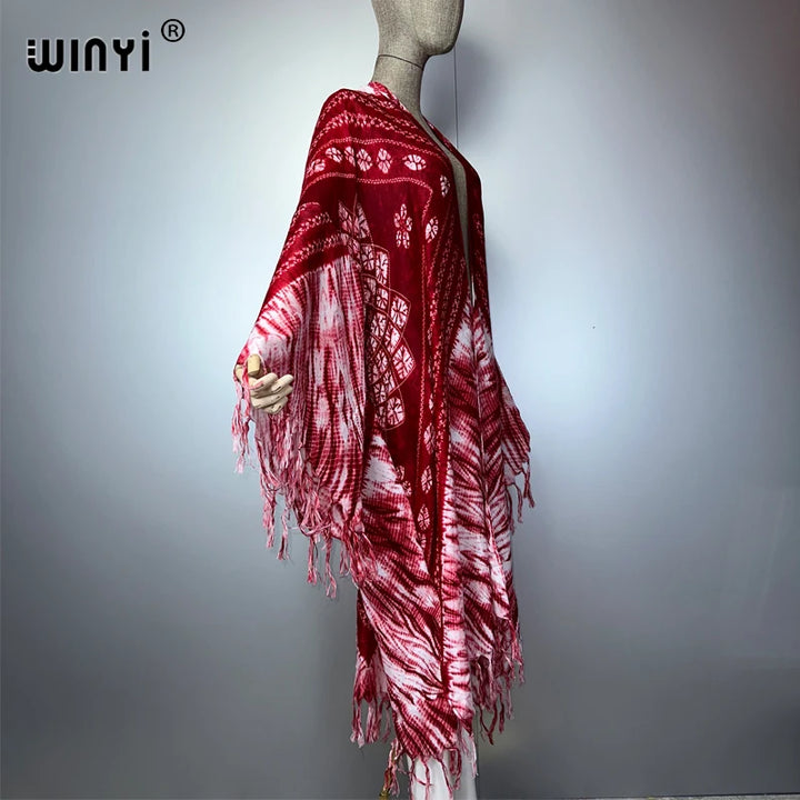 WINYI summer Fringed tie-dye printed Women Cardigan Long Dress elegant Boho loose beach Cover Up Kimonos abaya dubai luxury - ZEYTONCART