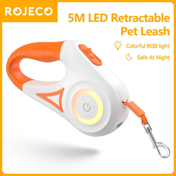 ROJECO 5M Automatic Dog Leash Retractable LED Luminous Leading Fashion Light Straps For Dog Puppy Pet Flexi Walking Running Lead - ZEYTONCART