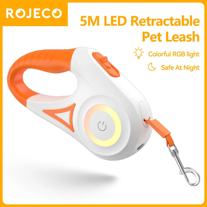 ROJECO 5M Automatic Dog Leash Retractable LED Luminous Leading Fashion Light Straps For Dog Puppy Pet Flexi Walking Running Lead - ZEYTONCART