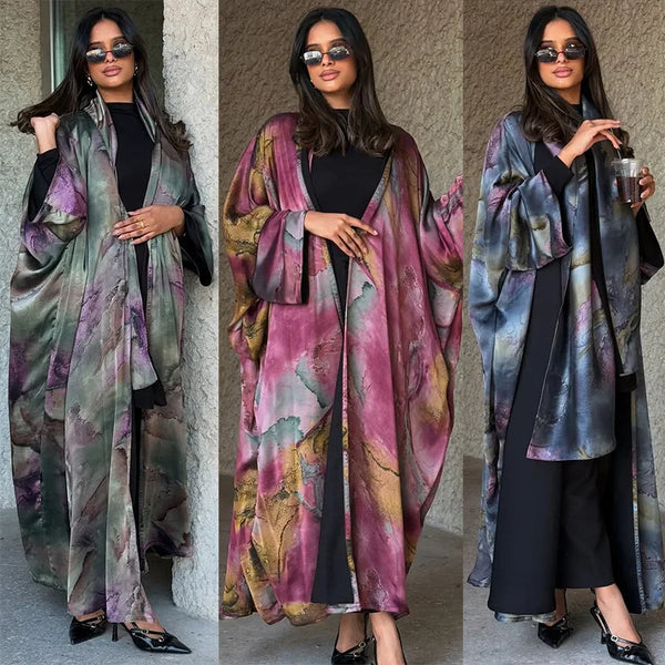 Mq204 Modest Summer Fashion Satin Print with Headscarf Women's Abaya Cardigan Jacket Outerwear Big Robe Islam Elegant - ZEYTONCART