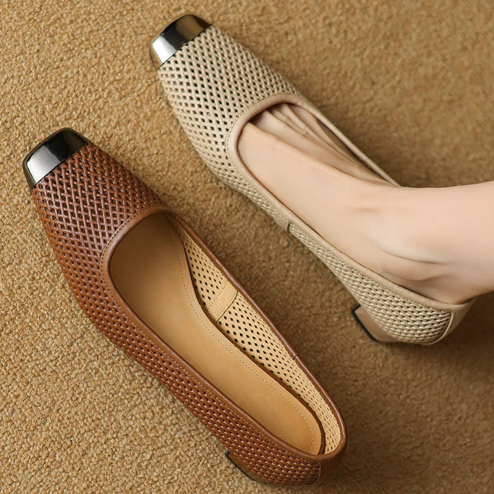 Plus size 34-41 women's hollow-out sheepskin slip-on summer breathable pumps metal toe 3cm kitten heel elegant ladies heels shoe - ZEYTONCART