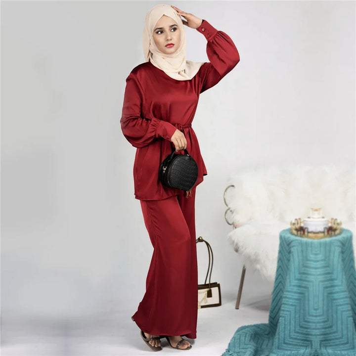 2 Piece Set Abayas Women Plain Satin Islamic Clothing Belted Tops+Long Pants Sets Ramadan Eid Muslim Dress Dubai Turkish Outfits - ZEYTONCART