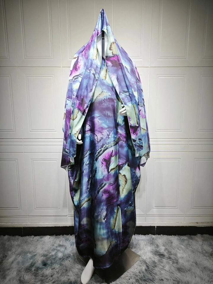 Mq204 Modest Summer Fashion Satin Print with Headscarf Women's Abaya Cardigan Jacket Outerwear Big Robe Islam Elegant - ZEYTONCART