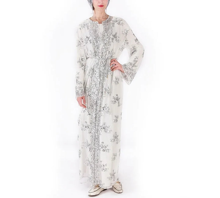2025 New Black White Sequin Kimono Cardigan Abaya Dubai Luxury Muslim Kaftan Abayas for Women Turkish Islamic Clothing Outfit - ZEYTONCART