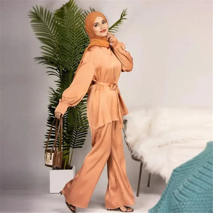 2 Piece Set Abayas Women Plain Satin Islamic Clothing Belted Tops+Long Pants Sets Ramadan Eid Muslim Dress Dubai Turkish Outfits - ZEYTONCART