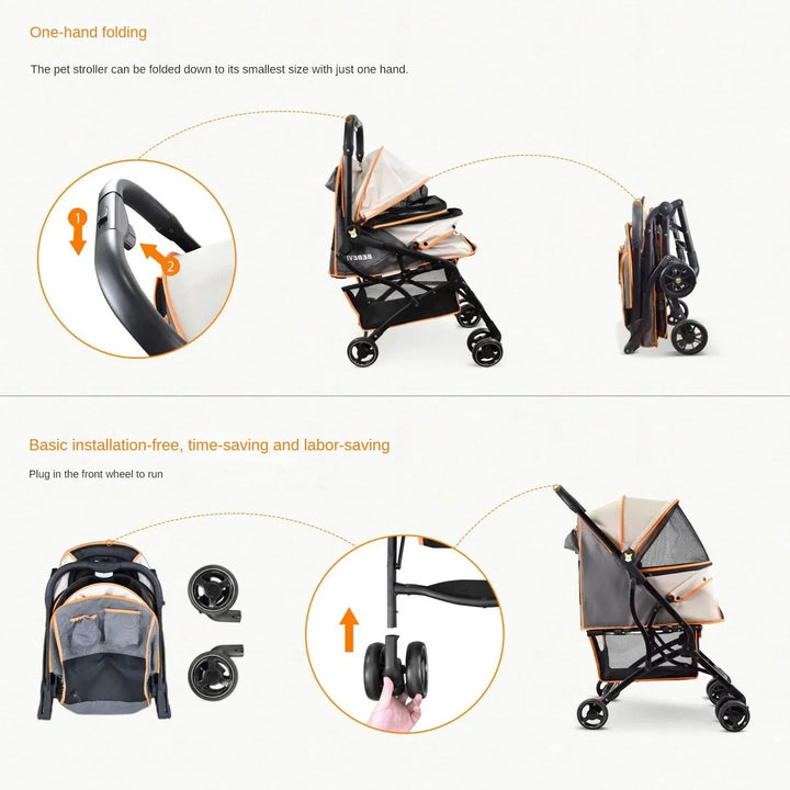 Lightweight Pet Stroller Foldable Cat Stroller Small and Medium-sized Dog Stroller Shock-absorbing Elderly Pet Cart Pet Supplies - ZEYTONCART