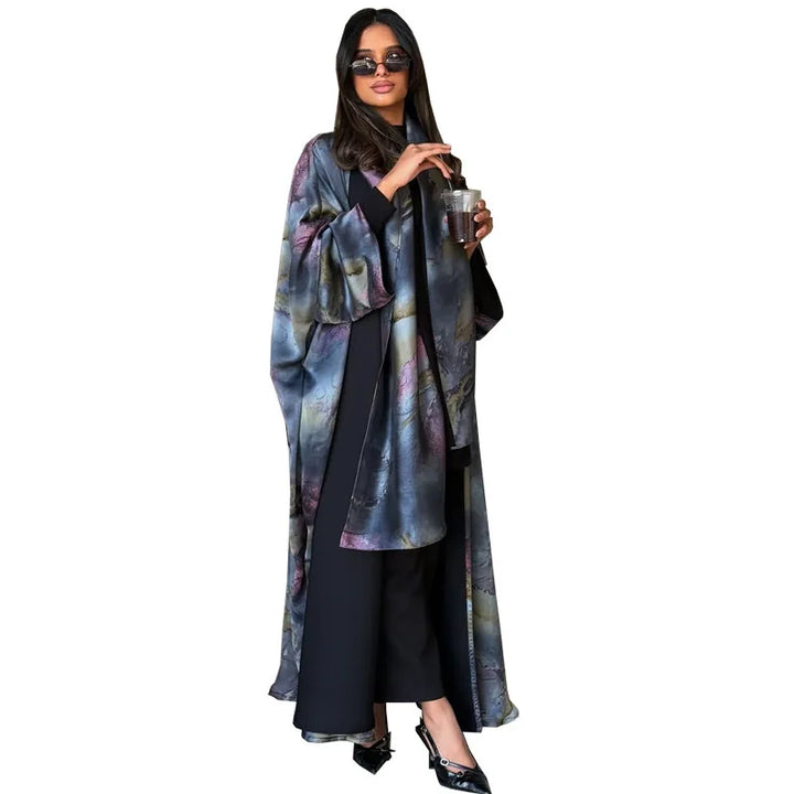 Mq204 Modest Summer Fashion Satin Print with Headscarf Women's Abaya Cardigan Jacket Outerwear Big Robe Islam Elegant - ZEYTONCART