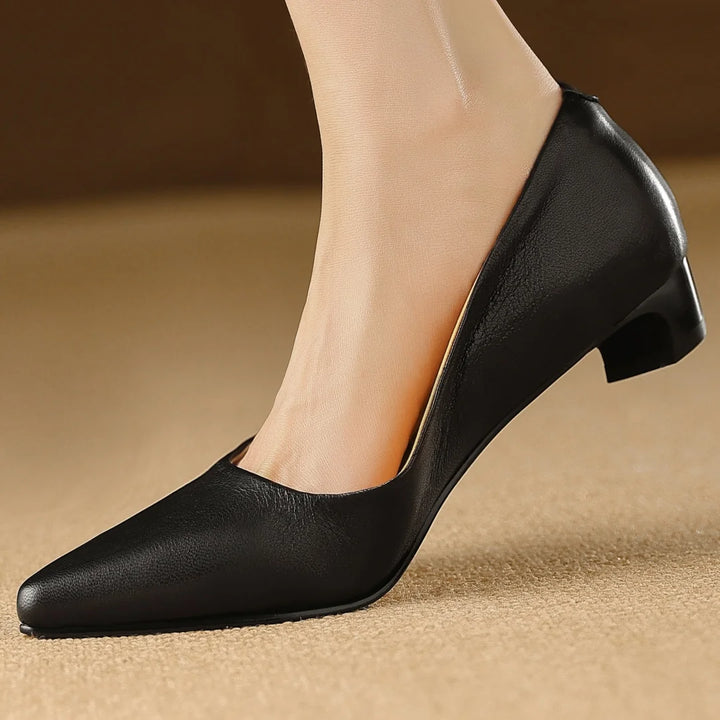 Women's cow leather pointed toe kitten heel slip-on pumps elegant ladies low heel high quality soft comfortable dress heels shoe - ZEYTONCART