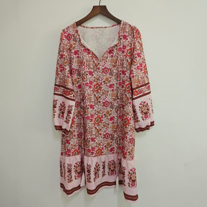 Women's Elegant V-Neck Fringe Bow Floral Print Dress Long Sleeve Comfortable Spring&Summer Dress - ZEYTONCART