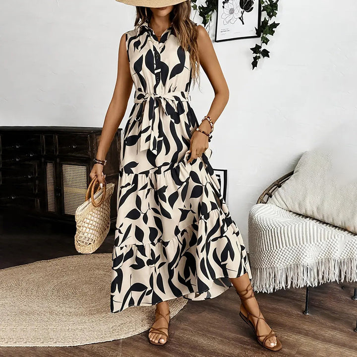 Women Sleeveless Boho Floral Maxi Dress Summer Button Shirt V Neck Flowy Belted Beach Vacation Dresses - ZEYTONCART
