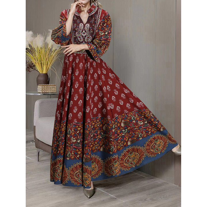 Women's Bohemian 3 4 Sleeve Floral Swing Dress Ethnic Embroidery Notched Neck Big Swing Dress - ZEYTONCART