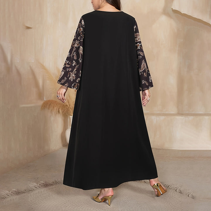Women's Plus Size Bohemian Floral Printed Maxi Dress, Pleated Front Long Sleeve Crew Neck Loose Fit - ZEYTONCART