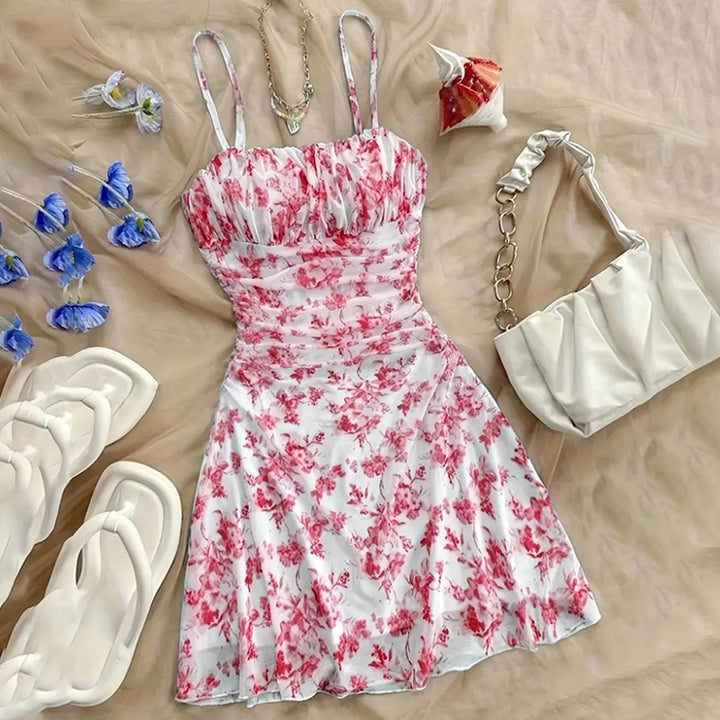 Women's Boho Floral Print Mini Dress Spaghetti Strap Ruched Ruffle Hem Vacation Sundresses - ZEYTONCART