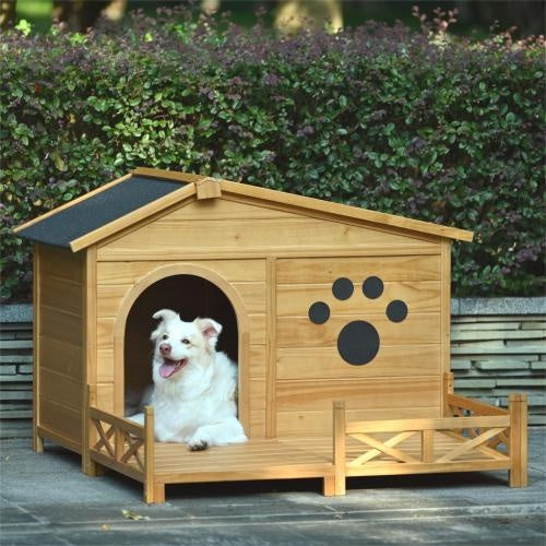 48 Wooden Dog House Outdoor With Porch, Dog Kennel With Water-Resistant Asphalt Roof And Fencing,Indoor & Outdoor Dog Crate With Paw Print, Medium, Nature - ZEYTONCART