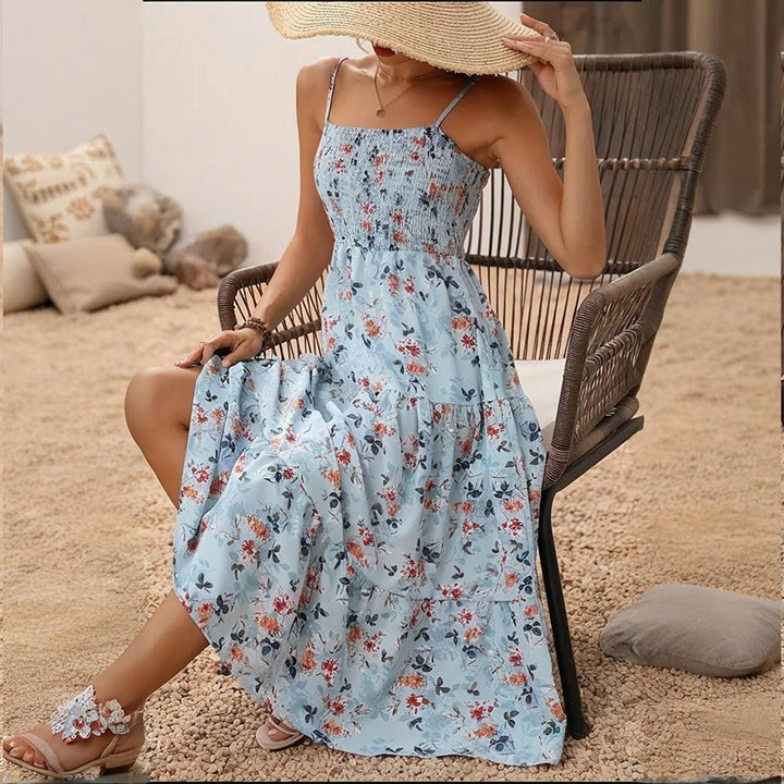 Womens Summer Floral Midi Dress Smocked Spaghetti Strap Sleeveless Tiered Casual Flowy Dresses - ZEYTONCART