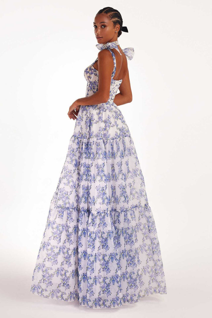 Floral Off-the-shoulder Strap Lace-up Large Swing Skirt Organza Dress - ZEYTONCART
