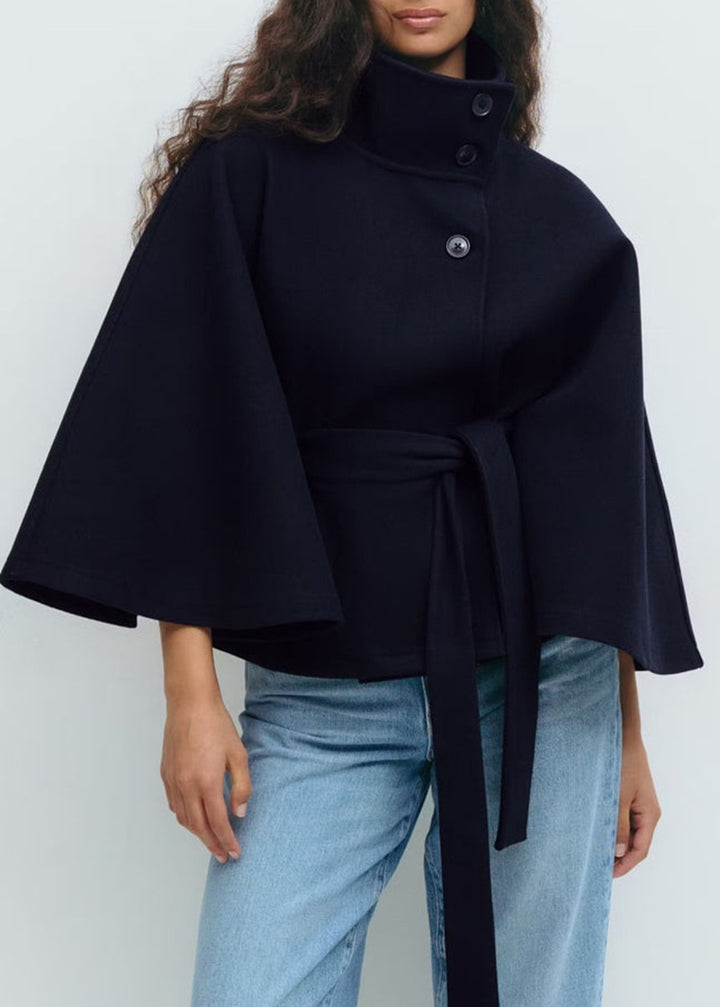 Winter High Neck Batwing Sleeve Coat With Belt Fashion Loose Elegant Button Top Trench Coat For Women Clothing - ZEYTONCART