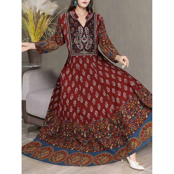 Women's Bohemian 3 4 Sleeve Floral Swing Dress Ethnic Embroidery Notched Neck Big Swing Dress - ZEYTONCART