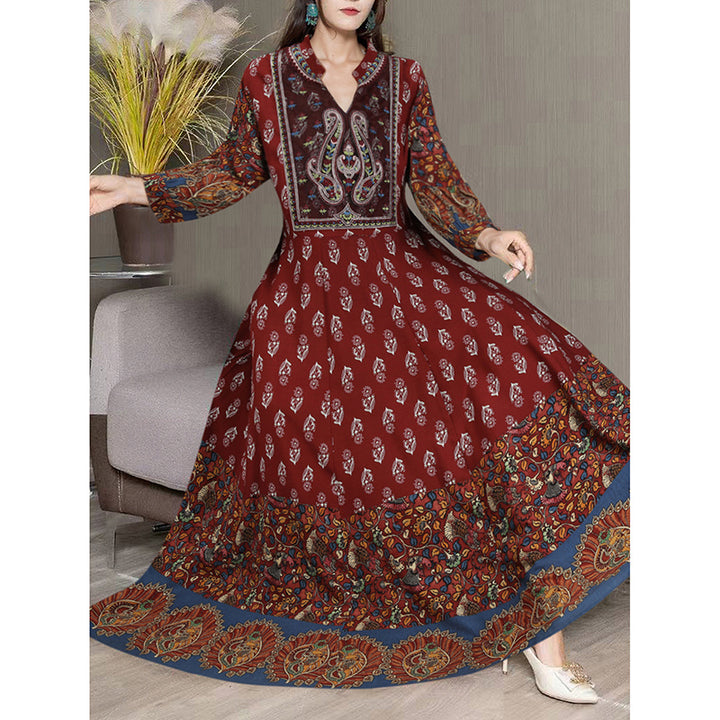 Women's Bohemian 3 4 Sleeve Floral Swing Dress Ethnic Embroidery Notched Neck Big Swing Dress - ZEYTONCART