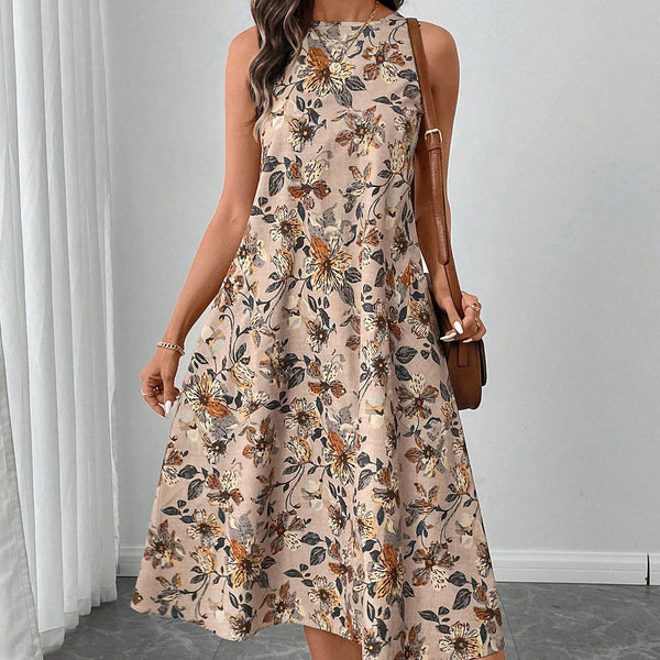 Round Neck Sleeveless Flared Hem Retro Floral Print Casual Elegant Midi Dress - ZEYTONCART