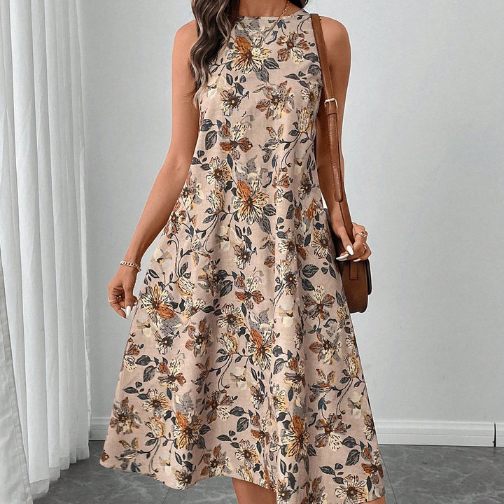 Round Neck Sleeveless Flared Hem Retro Floral Print Casual Elegant Midi Dress - ZEYTONCART