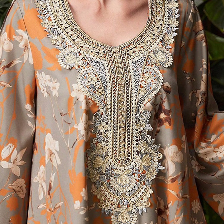 Women's Elegant Plus Size Floral Print Maxi Dress - Middle Eastern Bohemian Style Embroidery Long Dress - ZEYTONCART