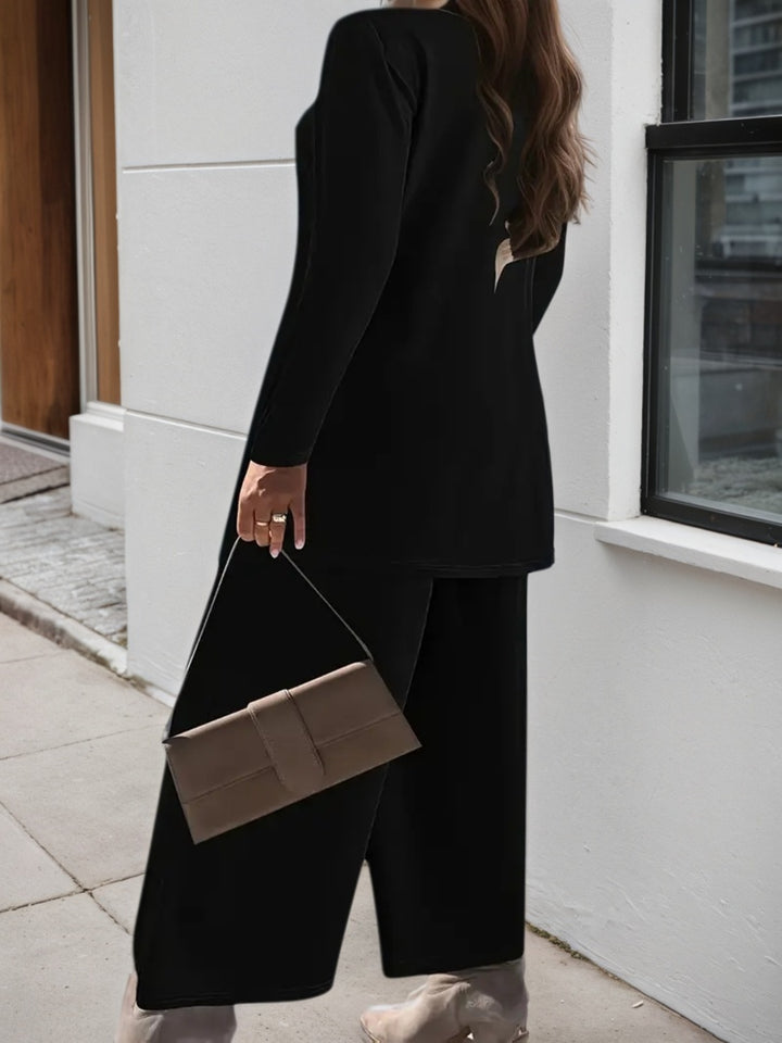 2025 New Elegant Women's Solid Color Two-piece Set, Round Neck Top And Wide Leg Pants, Casual Women's Clothing For Spring, Summer, Autumn And Winter - ZEYTONCART