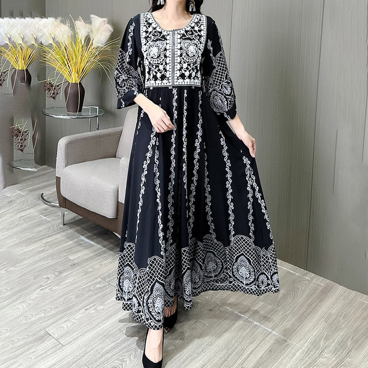 Women's Ethnic Style Floral Embroidered Dress, Elegant 3 4 Sleeve Swing Dress - ZEYTONCART