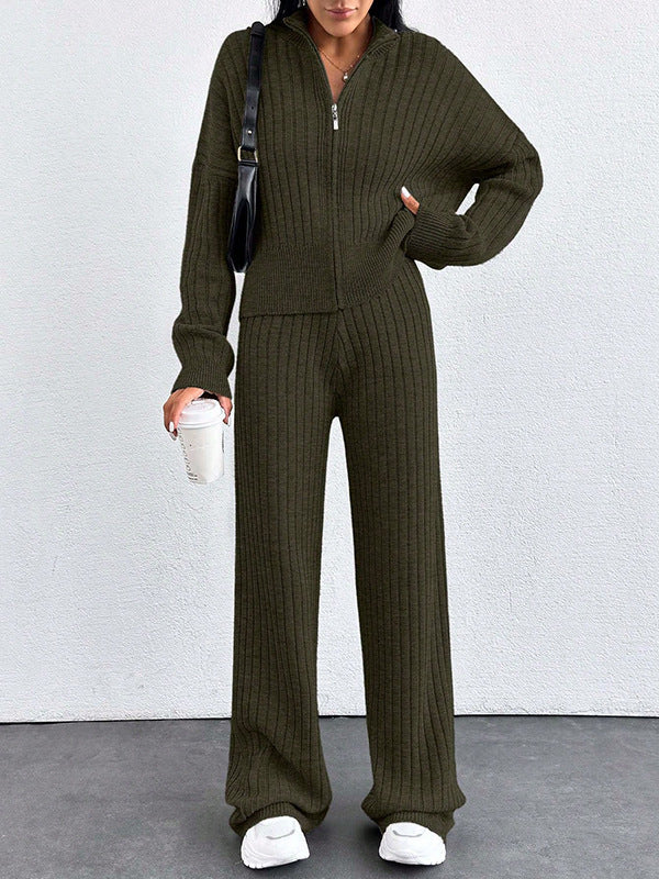 Autumn And Winter New European And American Women's Casual Loose Zip Top And Trousers Two-piece Set - ZEYTONCART