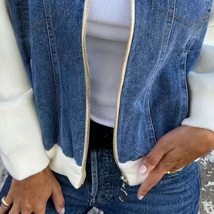 Women's Denim Patchwork Zip-Up Jacket Stand Collar Casual Coat With Button-Decorated Flap Pockets Fall Winter Fashion Outerwear - ZEYTONCART